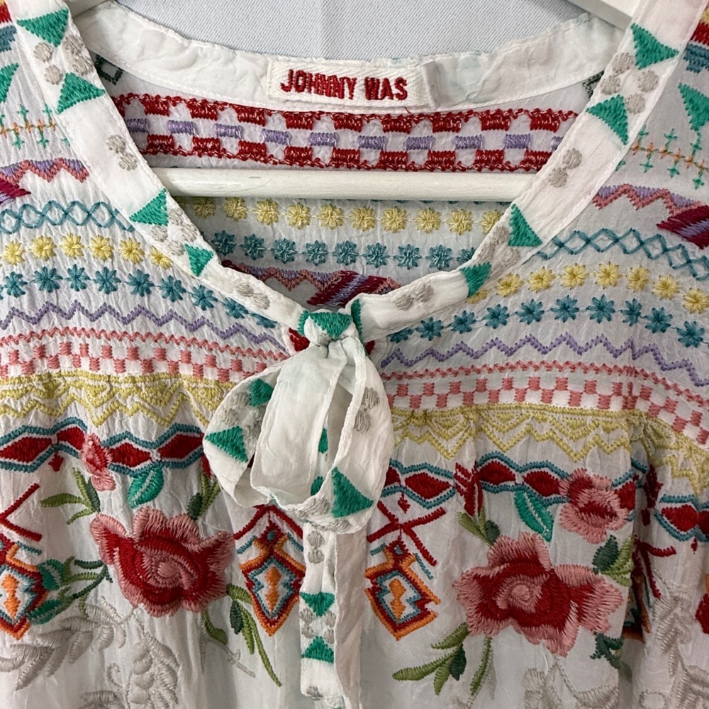 Johnny Was Womens Embroidered Silk Blouse White Boho Floral Split Neck Top L - Picture 5 of 11